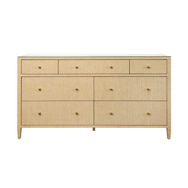 Carnegie Natural Grasscloth, Glass Top, Seven Drawer Chest with Brass Knobs
