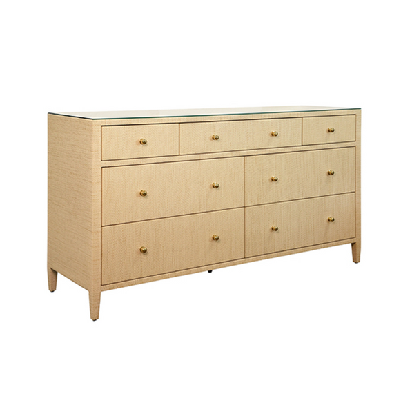 Carnegie Natural Grasscloth, Glass Top, Seven Drawer Chest with Brass Knobs