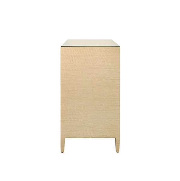 Carnegie Natural Grasscloth, Glass Top, Seven Drawer Chest with Brass Knobs