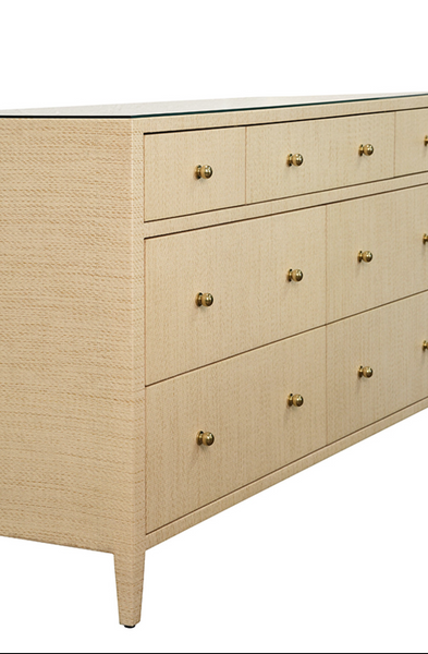 Carnegie Natural Grasscloth, Glass Top, Seven Drawer Chest with Brass Knobs