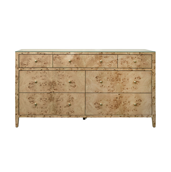 Carnegie Burlwood Seven Drawer Chest with Glass Top and Brass Knobs