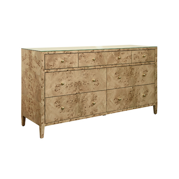 Carnegie Burlwood Seven Drawer Chest with Glass Top and Brass Knobs