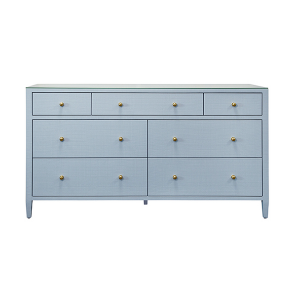 Carnegie Light Blue Textured Linen, Glass Top, Seven Drawer Chest with Brass Knobs