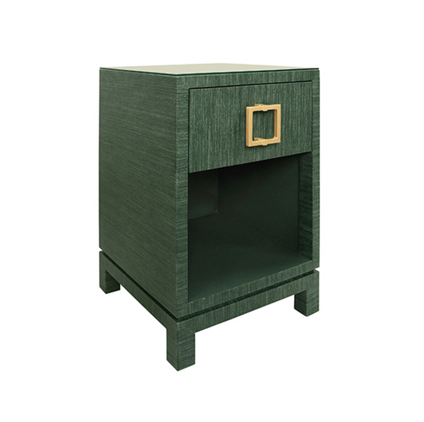 Blair Green Grasscloth, Glass Top, One Drawer Square Side Table with Satin Brass Drawer Pull
