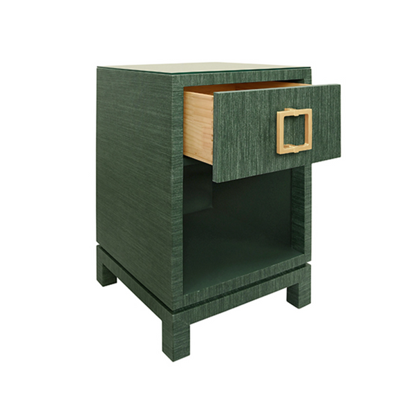 Blair Green Grasscloth, Glass Top, One Drawer Square Side Table with Satin Brass Drawer Pull