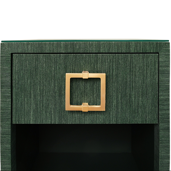 Blair Green Grasscloth, Glass Top, One Drawer Square Side Table with Satin Brass Drawer Pull