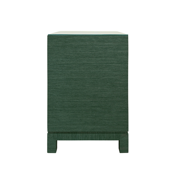Blair Green Grasscloth, Glass Top, One Drawer Square Side Table with Satin Brass Drawer Pull