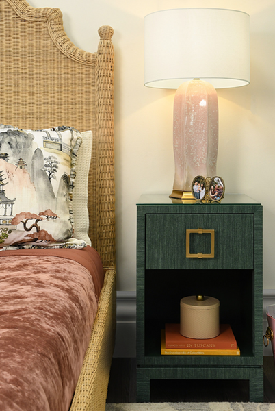 Blair Green Grasscloth, Glass Top, One Drawer Square Side Table with Satin Brass Drawer Pull