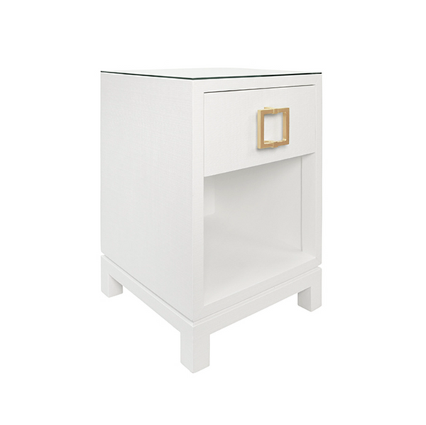 Blair White Textured Linen, Glass Top, One Drawer Square Side Table with Satin Brass Drawer Pull