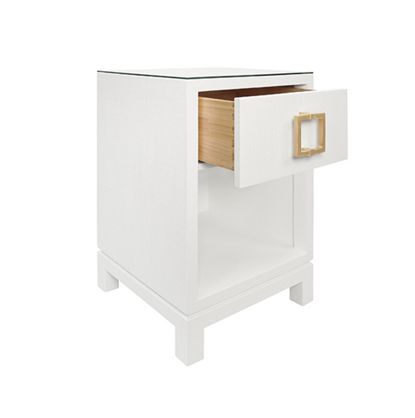 Blair White Textured Linen, Glass Top, One Drawer Square Side Table with Satin Brass Drawer Pull
