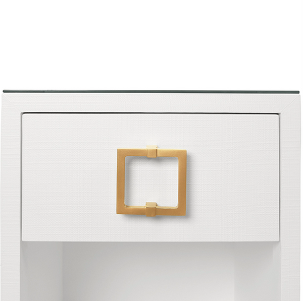 Blair White Textured Linen, Glass Top, One Drawer Square Side Table with Satin Brass Drawer Pull