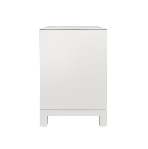 Blair White Textured Linen, Glass Top, One Drawer Square Side Table with Satin Brass Drawer Pull