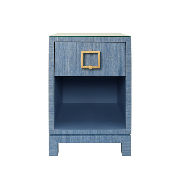 Blair Blue Grasscloth, Glass Top, One Drawer Square Side Table with Satin Brass Drawer Pull