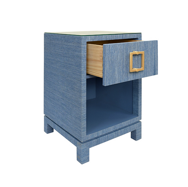 Blair Blue Grasscloth, Glass Top, One Drawer Square Side Table with Satin Brass Drawer Pull