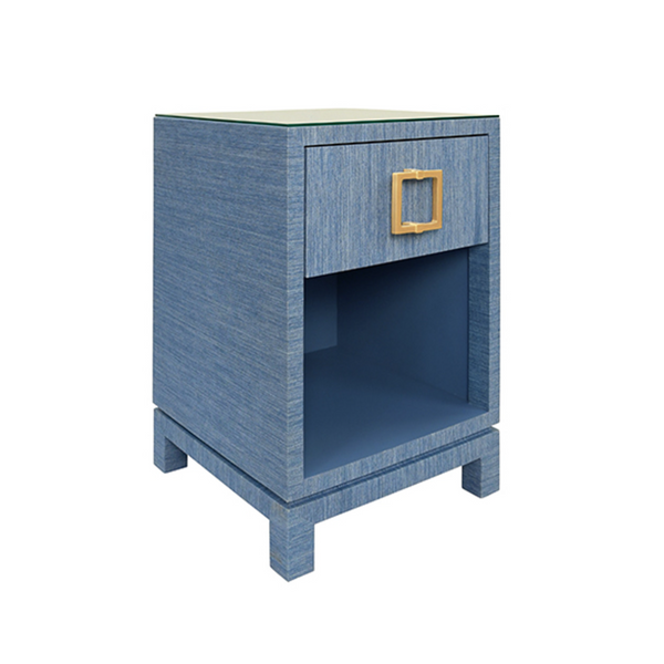Blair Blue Grasscloth, Glass Top, One Drawer Square Side Table with Satin Brass Drawer Pull