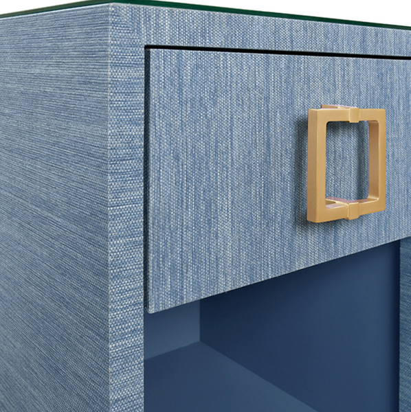 Blair Blue Grasscloth, Glass Top, One Drawer Square Side Table with Satin Brass Drawer Pull