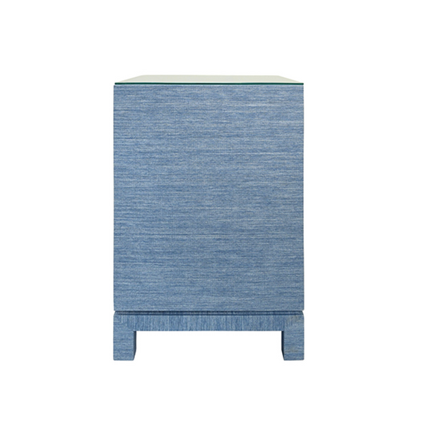 Blair Blue Grasscloth, Glass Top, One Drawer Square Side Table with Satin Brass Drawer Pull