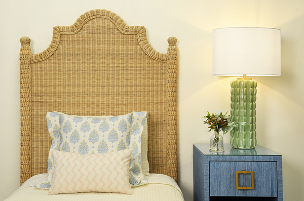 Blair Blue Grasscloth, Glass Top, One Drawer Square Side Table with Satin Brass Drawer Pull