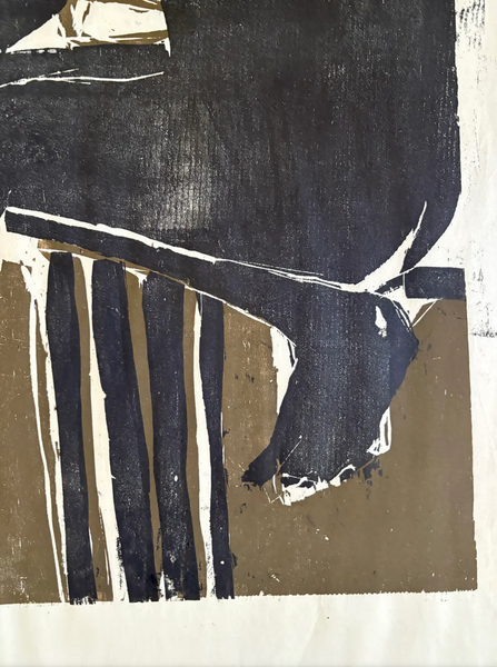 Barbara Beck 1970s Black and Brown Woodblock Print on Paper