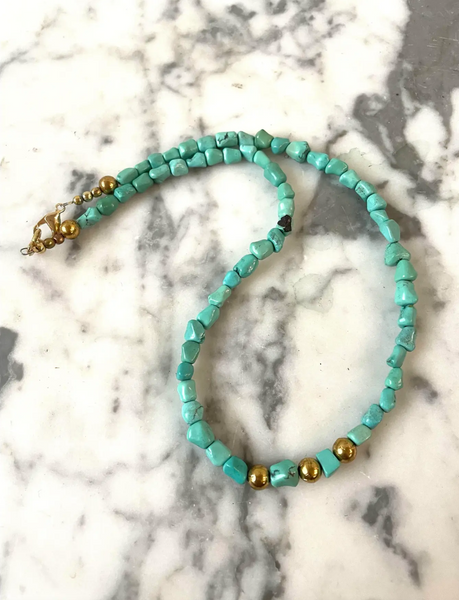 17.5" Turquoise and Vintage Gold Tone Beaded Necklace - Designed by Matthew Izzo
