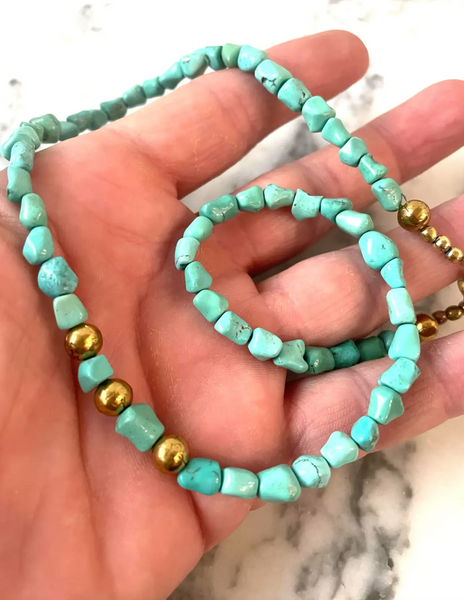 17.5" Turquoise and Vintage Gold Tone Beaded Necklace - Designed by Matthew Izzo