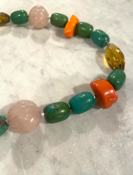 18" Turquoise, Branch Coral, and Rose Quartz Beaded Necklace with Silver Tone Clasp