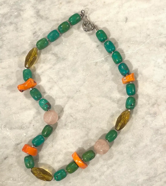 18" Turquoise, Branch Coral, and Rose Quartz Beaded Necklace with Silver Tone Clasp