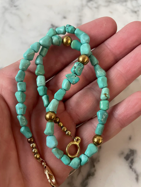 15.5" Turquoise and Vintage Gold Tone Beaded Necklace - Designed by Matthew Izzo