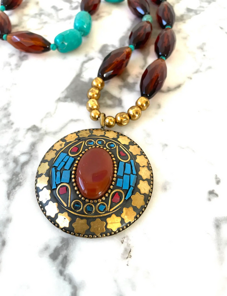 24" Turquoise and Faceted Amber Glass Beaded Necklace With Vintage Brass Pendant - Designed by Matthew Izzo