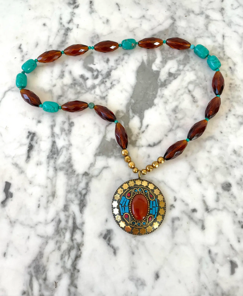 24" Turquoise and Faceted Amber Glass Beaded Necklace With Vintage Brass Pendant - Designed by Matthew Izzo