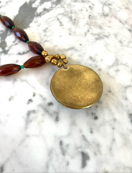 24" Turquoise and Faceted Amber Glass Beaded Necklace With Vintage Brass Pendant - Designed by Matthew Izzo