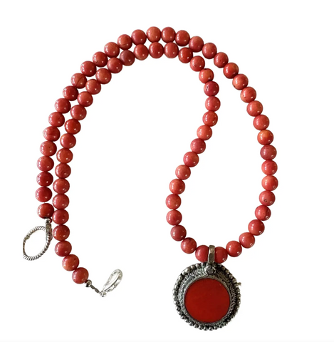 18" Coral Beaded Necklace With Vintage Pendant - Designed by Matthew Izzo