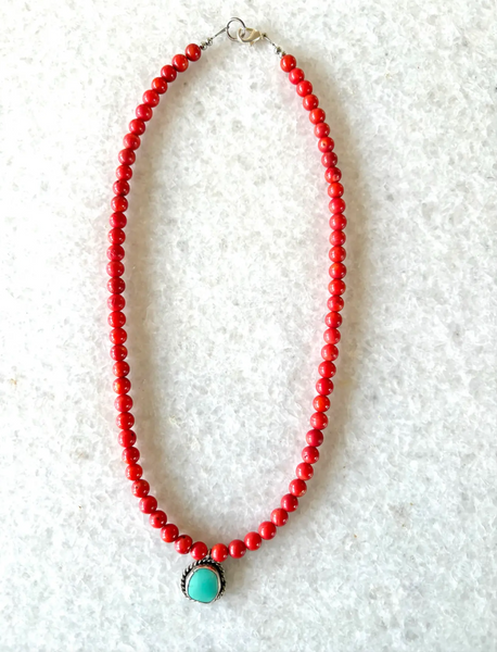 18" Coral Beaded Necklace With Sterling Silver Turquoise Pendant - Designed by Matthew Izzo