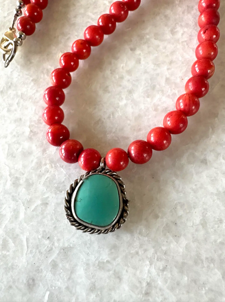 18" Coral Beaded Necklace With Sterling Silver Turquoise Pendant - Designed by Matthew Izzo