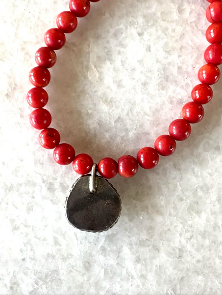 18" Coral Beaded Necklace With Sterling Silver Turquoise Pendant - Designed by Matthew Izzo