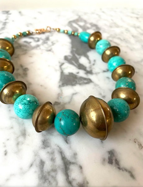 19.5" Turquoise and Vintage Brass Beaded Necklace With Gold Tone Hook Clasp - Designed by Matthew Izzo