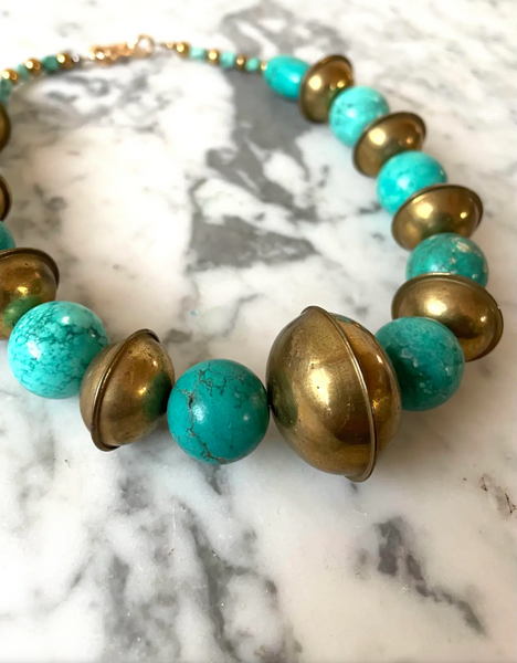 19.5" Turquoise and Vintage Brass Beaded Necklace With Gold Tone Hook Clasp - Designed by Matthew Izzo