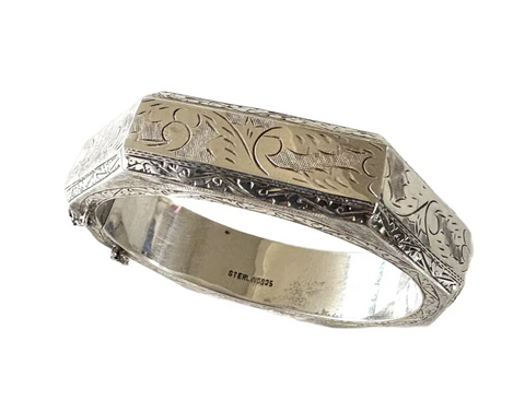 Hexagonal Etched Sterling Silver Bangle Bracelet With Hinge Clasp