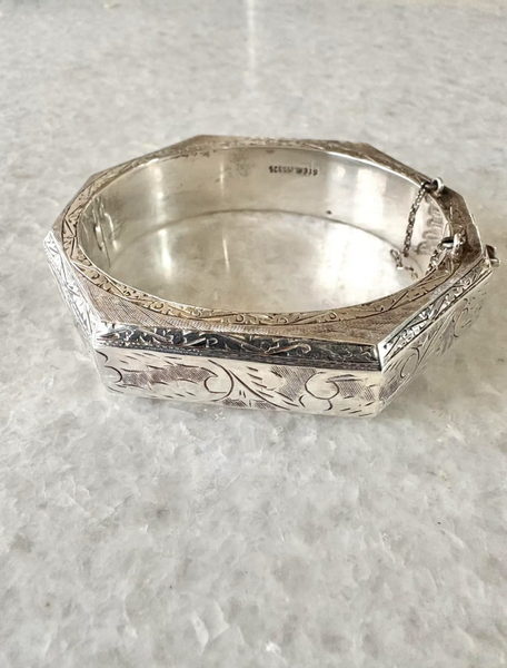 Hexagonal Etched Sterling Silver Bangle Bracelet With Hinge Clasp