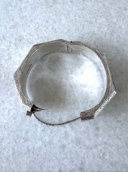 Hexagonal Etched Sterling Silver Bangle Bracelet With Hinge Clasp
