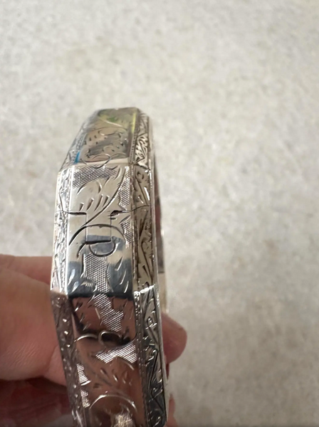 Hexagonal Etched Sterling Silver Bangle Bracelet With Hinge Clasp