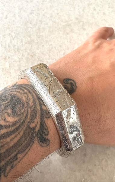 Hexagonal Etched Sterling Silver Bangle Bracelet With Hinge Clasp
