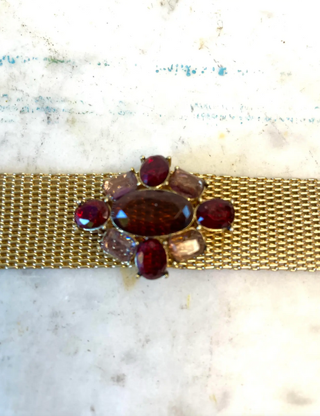 1980s Vintage Monet Gold Tone and Ruby Rhinestone Bracelet - Stamped