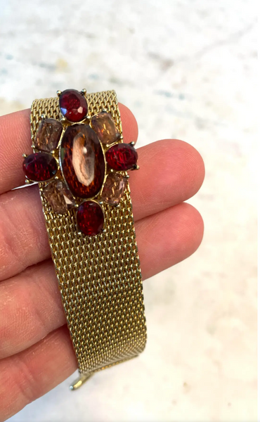 1980s Vintage Monet Gold Tone and Ruby Rhinestone Bracelet - Stamped