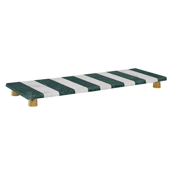 Beck Green and White Striped Marble Tray With Brass Feet