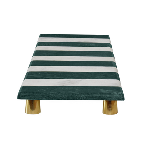 Beck Green and White Striped Marble Tray With Brass Feet