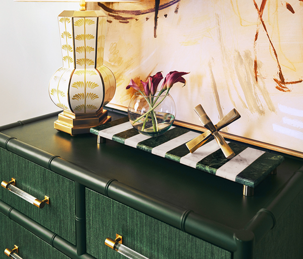 Beck Green and White Striped Marble Tray With Brass Feet