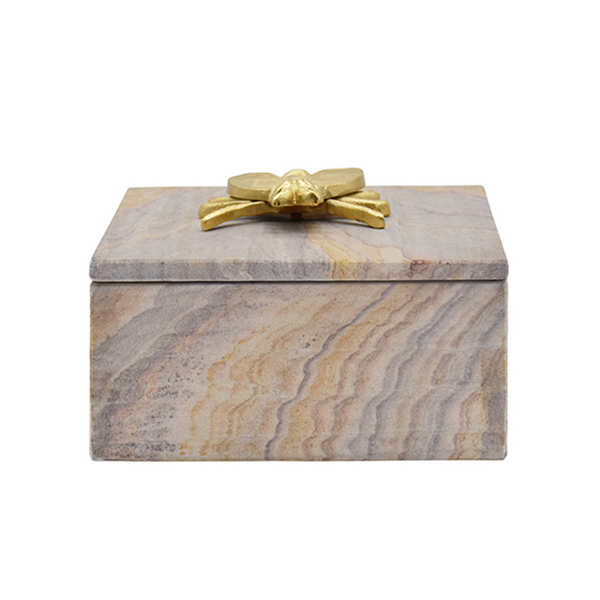 Bee Golden Brown Bidaser Marble Box with Brass Bee On Lid