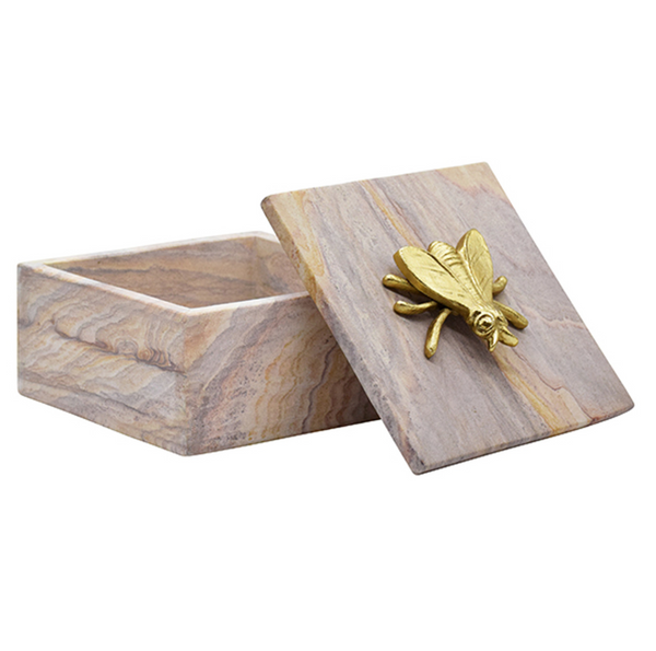 Bee Golden Brown Bidaser Marble Box with Brass Bee On Lid