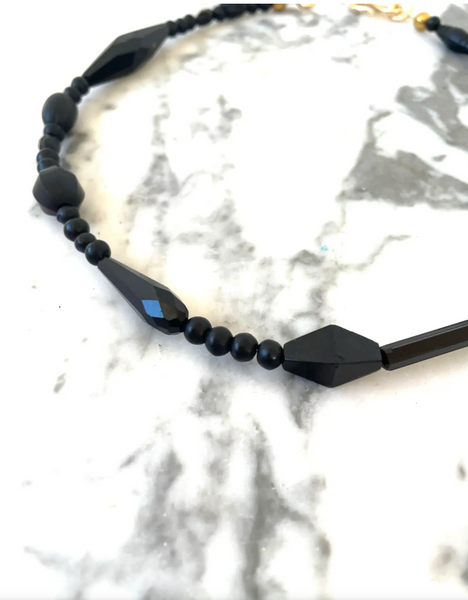 18" Vintage Jet Black Glass Beaded Necklace - Designed by Matthew Izzo